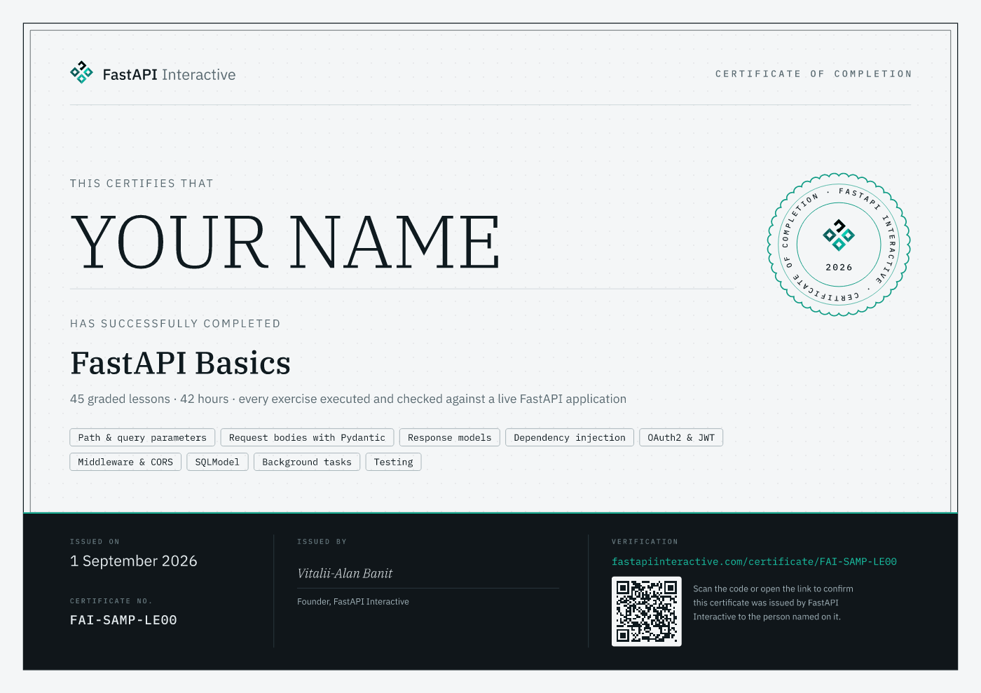 Sample certificate of completion for the FastAPI Basics track, with the holder's name, the topics covered, a serial number and a verification code